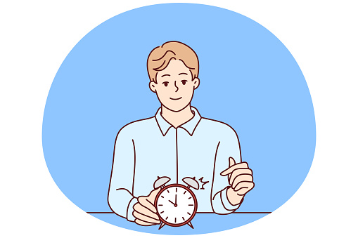 Smiling man points finger at alarm clock to remind of beginning or end of lunch break. Concept time management and control over optimal use of working period. Flat vector illustration
