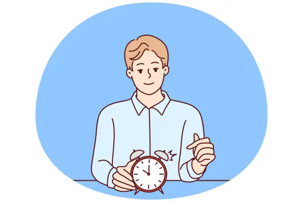 Vector illustration of Smiling man points finger at alarm clock to remind of time management at works. Vector image
