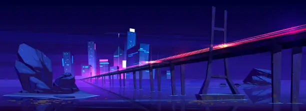 Vector illustration of Neon city light and speed bridge road above sea