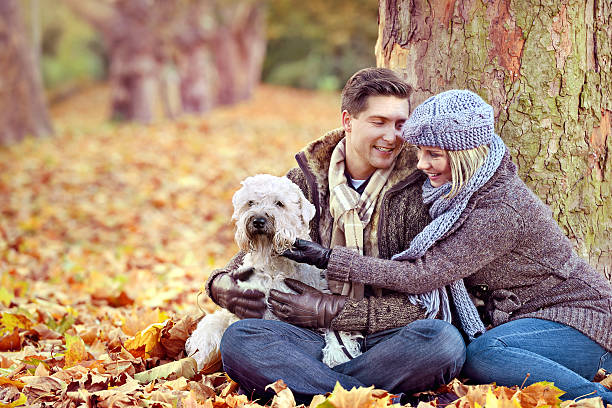 istock Young couple relaxing at a park with their dog 186750542