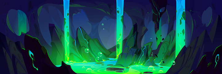 Dark toxic game cave inside cartoon background. Fantasy poisonous dungeon with green waterfall flow and underground stream design. Adventure inner rock mountain scene with glow sewage river and bubble