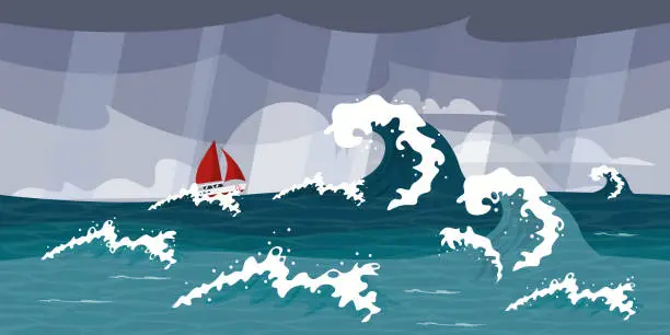 Vector illustration of Vector illustration of a beautiful sea storm landscape. A cartoon seascape with a gray sky, rain, big waves and a ship with red sails. A ship on the crest of a sea wave.