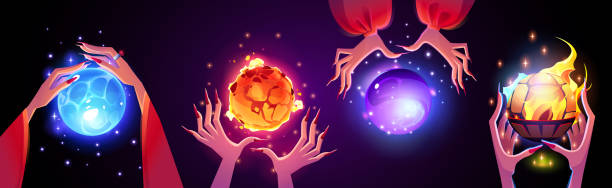 ilustrações de stock, clip art, desenhos animados e ícones de magical glowing ball for foretelling in hands - fortune telling paranormal neon light prophet