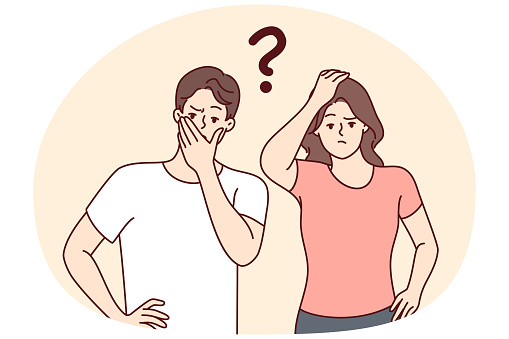Thoughtful man and woman look forward embarrassedly touch mouth and head. Puzzled couple of guy and girl zoomers with question mark symbolizing uncertainty and lack of solution. Flat vector design