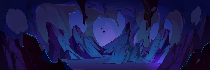 Dark cave or mine with stone walls and stalactites on the inside. Mysterious underground or dungeon game cartoon background. Vector illustration of rocky cavern or grotto with tunnel path.