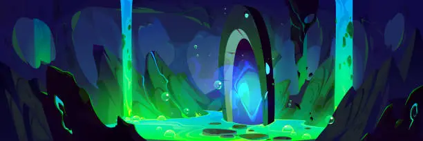 Vector illustration of Mystical portal in dark cave with glowing liquid