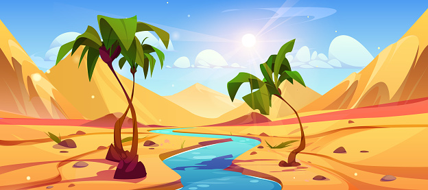 Oasis in desert covered with sand, hills, with river and palm trees on banks over sunny sky with clouds. Cartoon vector illustration of water stream flowing in hot drought southern landscape.