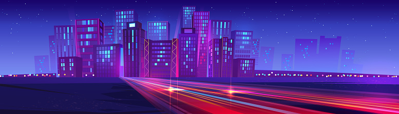Night neon city with speed road motion background. Abstract skyscraper cityscape bright laser way. Power highway glow in metaverse landscape. Fast energy trail view on speedway urban illustration