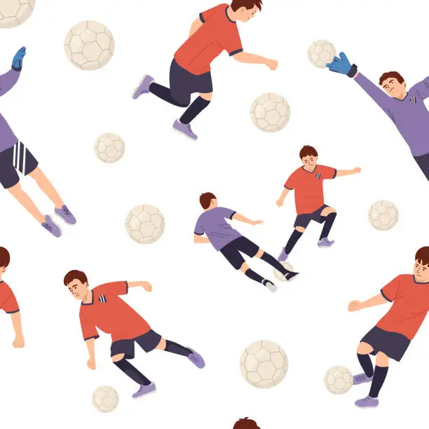 Vector illustration of Football or soccer players, athlete team seamless pattern. Colorful flat style football game male players print illustration. Includes foot ball kick pose, goalkeeper catch background. Vector
