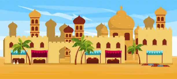 Vector illustration of Vector illustration of a beautiful summer landscape of an Arab city.Cartoon sunny cityscape in the desert with buildings with domes,mosques,street shops with various goods under awnings and palm tree.