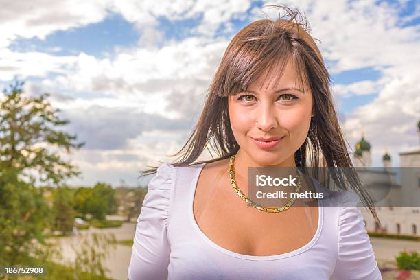 Closeup Portrait Smiling Brunette Woman Outdoors Stock Photo - Download Image Now - 30-34 Years, Activity, Adult