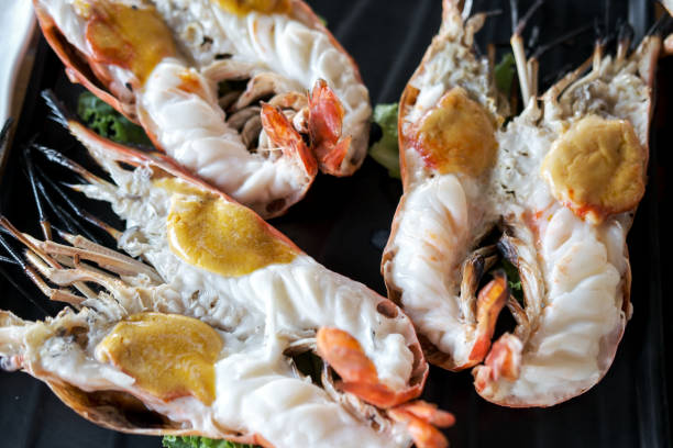 istock Grilled river prawns served on plate with vegetable 1867537627