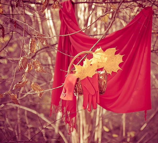 Yellow maple leaves with red gloves stock photo