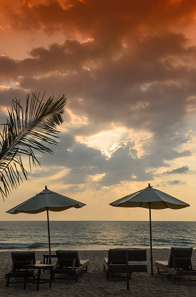 istock Silhouettes of beach umbrellas sunset and sky 186755295