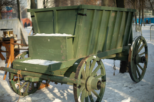 Old cart. Military cart of the early 20th century. Wooden transport. Wooden Wheels.and.