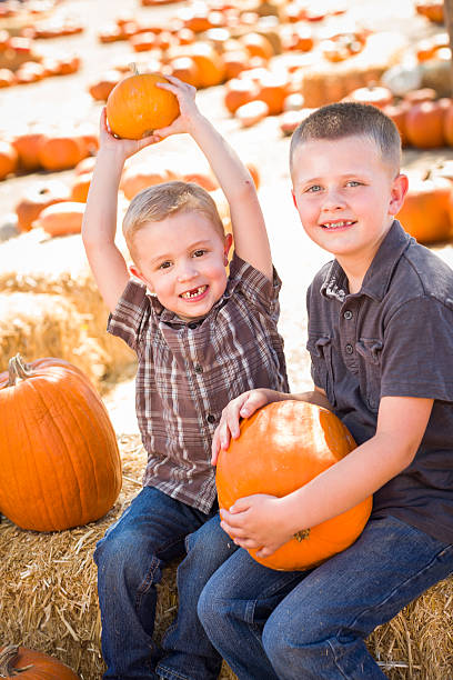 istock Two Boys at the Pumpkin Patch Talking and Having Fun 186755558
