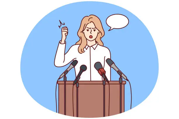 Vector illustration of Woman politician speaks stands near wooden tribune with microphones and waving hand. Vector image