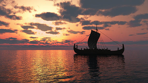 Viking Longship at Sunset Viking longship sailing on a calm sea at sunset, 3d digitally rendered illustration viking stock pictures, royalty-free photos & images
