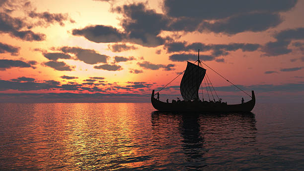 Viking Longship at Sunset Viking longship sailing on a calm sea at sunset, 3d digitally rendered illustration viking drakkar stock pictures, royalty-free photos & images