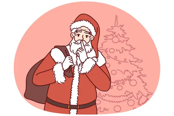 Vector illustration of Santa Claus with bag of gifts came to congratulate children on Christmas holidays. Vector image