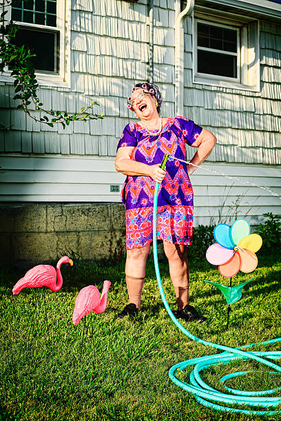 Laughing Granny Watering the Lawn stock photo