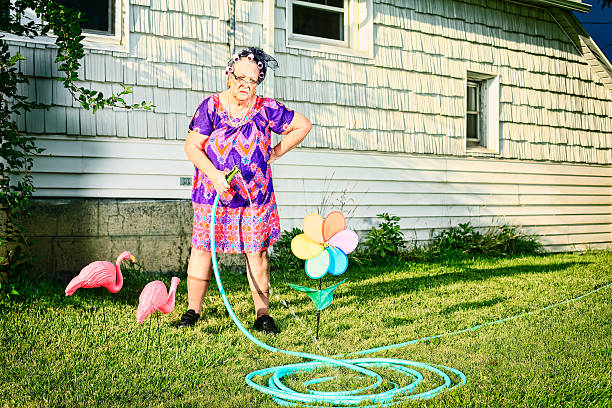 Grumpy old lady watering lawn beside tacky decorations stock photo