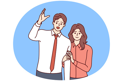 Man raising hand wanting to be noticed and modest smiling woman standing behind. Young family couple of guy in business clothes and girl dressed in casual style. Flat vector illustration