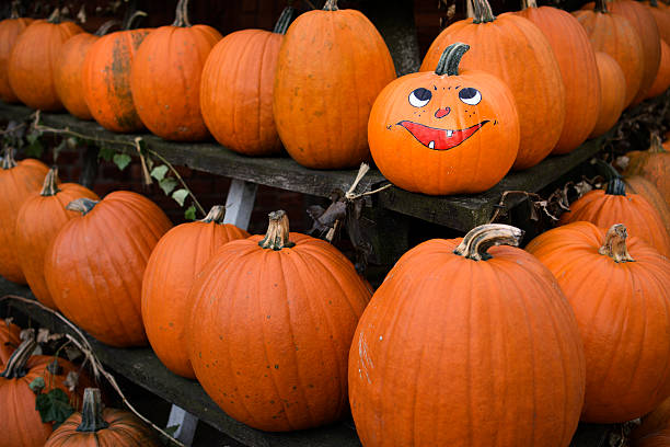 istock Painted grimace on pumpkin for Halloween 186758207