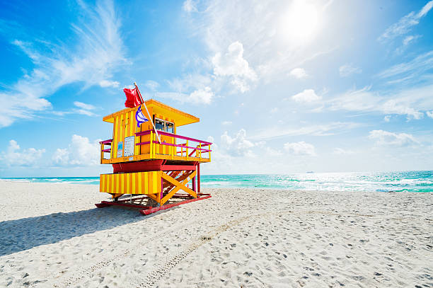 Danger flags Yellow safeguard house on empty Miami beach with warning flags. miami beach stock pictures, royalty-free photos & images