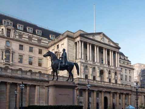 The Statue of the Duke of Wellington in front of the Bank Of England, London, UK.