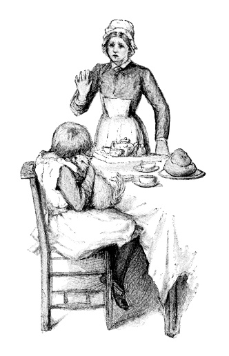A lIttle Victorian girl holding a cat while she is sitting at the tea table, to the evident horror of the parlour maid! From “An Affair of Honour” by Alice Weber, illustrated by Emily J Harding, published by Griffith Farran & Co, London, in 1892.