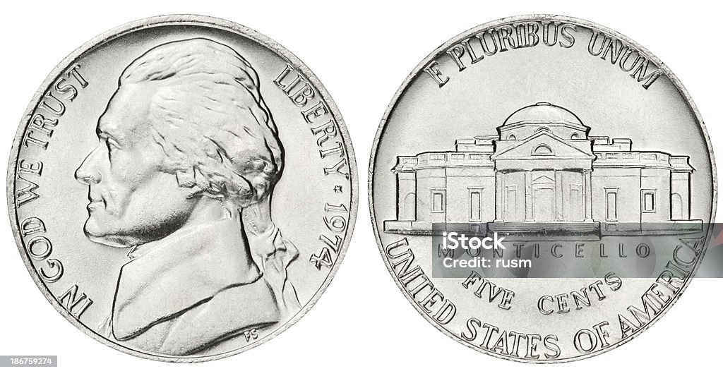 Nickel avec un Tracé de détourage sur fond blanc - Photo de Pièce de cinq cents libre de droits