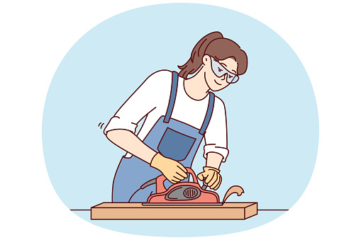 Woman furniture maker uses jointer to process wooden planks needed to create furniture. Carpenter girl in work uniform and goggles makes cabinet for house with own hands. Flat vector illustration