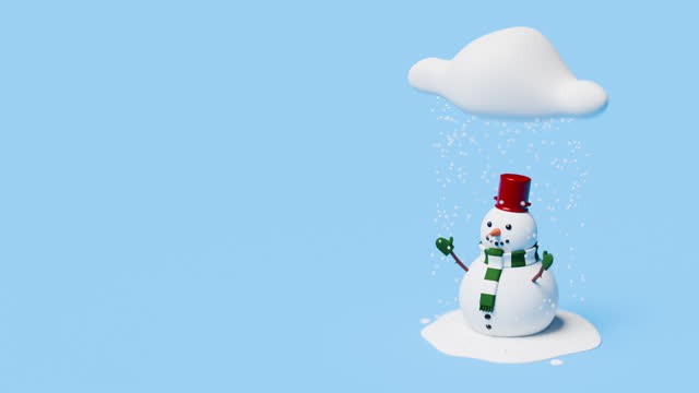 Snowman wearing pot as a hat, scarf and gloves waving at viewer in falling snow. Copy space on the left side