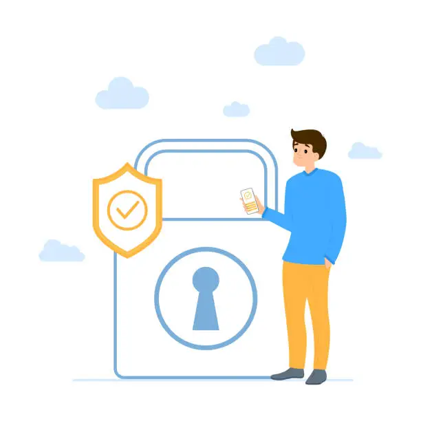 Vector illustration of Data Protection Day. Security system concept. Man with a mobile phone against the background of a padlock.