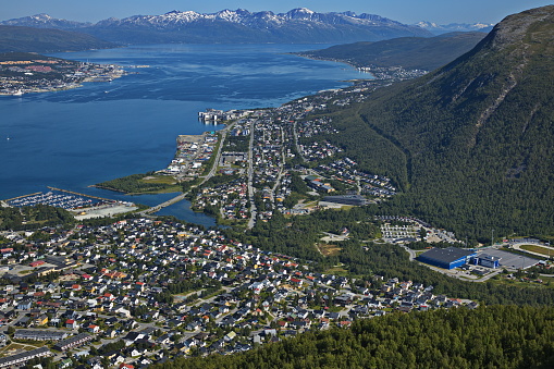 View of Tromsdalen from Fjellheisen upper station in Troms og Finnmark county, Norway, Europe