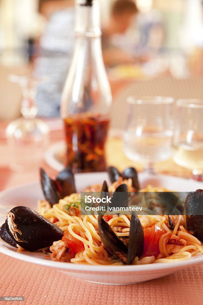 Spaghetti with seafood Spaghetti with seafood in a small restaurant in Nice Close-up Stock Photo