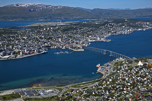 View of Tromso from Fjellheisen upper station in Troms og Finnmark county, Norway, Europe