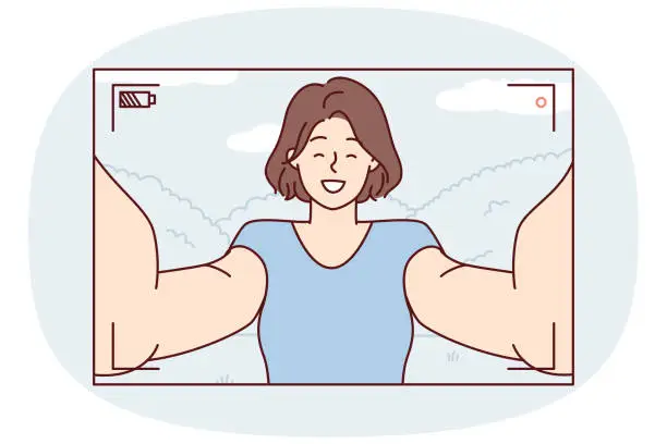 Vector illustration of Camera view with woman filming herself with arms outstretched to create video selfie. Vector image