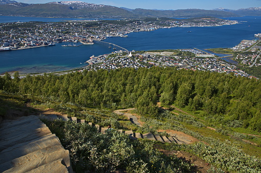 View of Tromso from Sherpa Stairs in Troms og Finnmark county, Norway, Europe