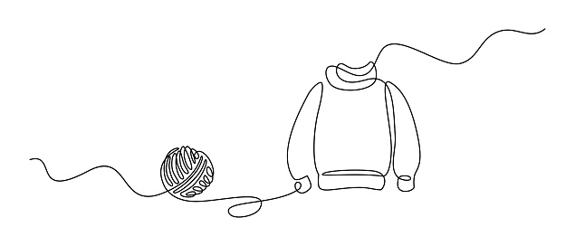 Hand knitted sweater in continuous line art drawing style. Ball of thread and pullover knitted garment. Knitting and crocheting concept black linear design isolated on white background. Vector illustration