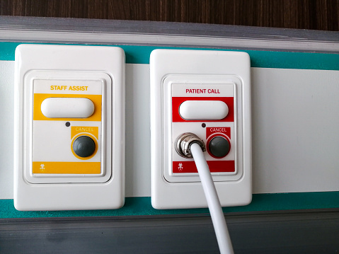 Patient call button or nurse call button on the wall in a hospital