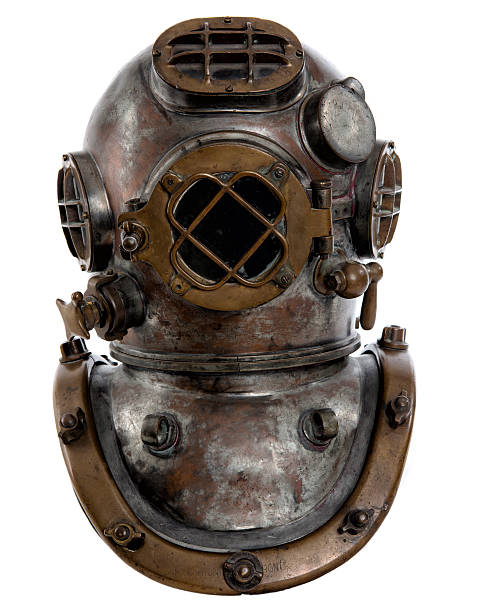 1920's Navy Diving Helmet Mark Five This is the Mark Five diving suit. (MkV) It was first produced in the 1920's and was the Navy's most widely used underwater garment. Total, the suit weighed about 200 pounds above water, and it was very cumbersome. It was used until the 1970's, when SCUBA gear outphased surface-supplied dry dives. divers suit stock pictures, royalty-free photos & images