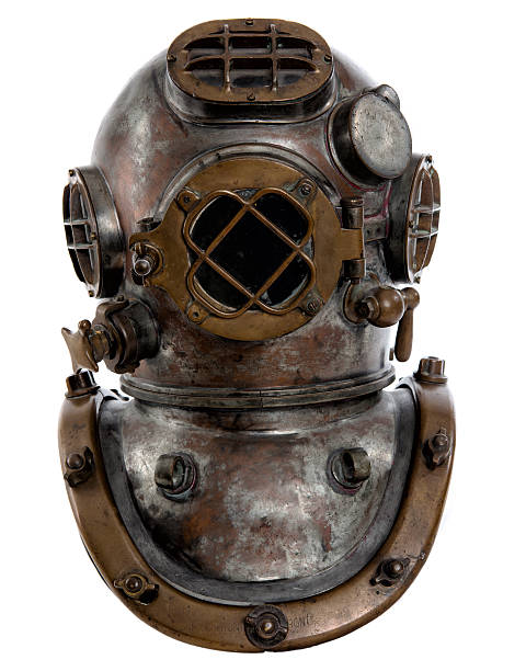 1920's Navy Diving Helmet Mark Five This is the Mark Five diving suit. (MkV) It was first produced in the 1920's and was the Navy's most widely used underwater garment. Total, the suit weighed about 200 pounds above water, and it was very cumbersome. It was used until the 1970's, when SCUBA gear outphased surface-supplied dry dives.  wetsuit stock pictures, royalty-free photos & images