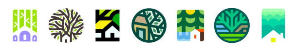 haus oder wohnung unter großem alten baum. einfache vektor-logo-markierungsvorlage oder symbol des gebäudes für ein modernes immobilienunternehmen oder ein gemütliches zuhause, ein familien-gästehaus-hotel - modern residential building city stock-grafiken, -clipart, -cartoons und -symbole