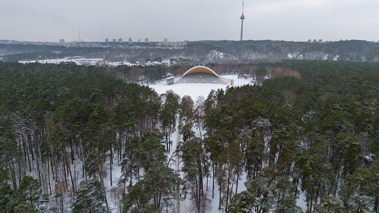 Drone photography of a stage in the middle of forest city park during winter day