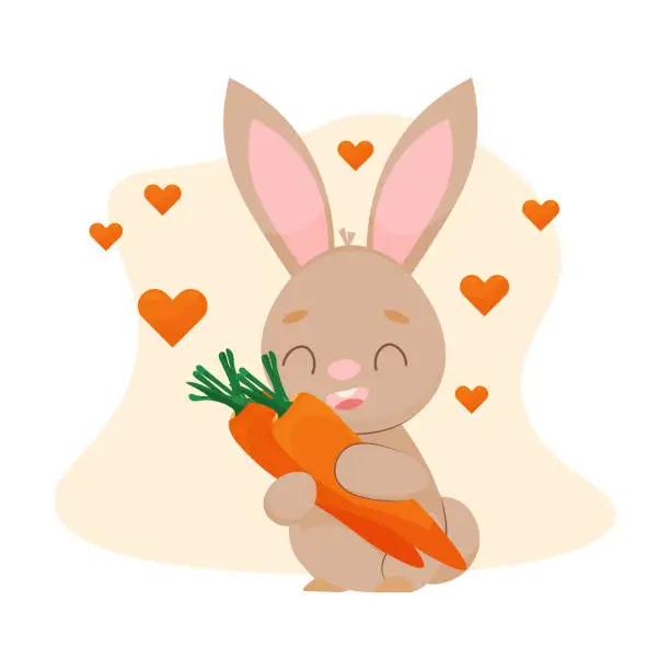 Vector illustration of cute rabbit with a carrot. a cartoon rabbit. vector illustration. take care of animals. Rabbit adores carrots.