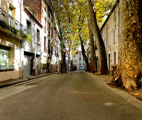 Tree lined residential street in the old town of Ceret in France. October 2022