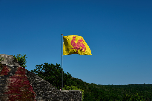 The regional flag of Wallonia flies over the ruins of an old wall, Belgium, Neufchateau