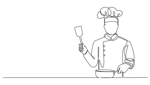 single line drawing of chef with frying pan and spatula continuous single line drawing of chef with frying pan and spatula, line art vector illustration chef stock illustrations